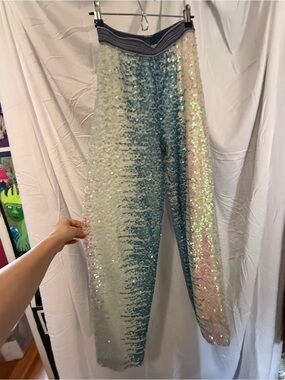 Ana Sui blue, pink and white iridescent pants